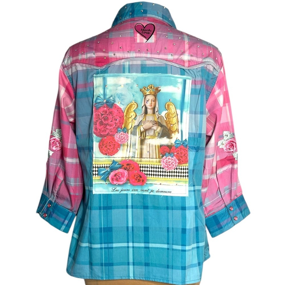 Fat Rat Family Pink Blue Plaid Rhinestone Angel Graphic Snap Button Shirt M/L - Picture 6 of 12